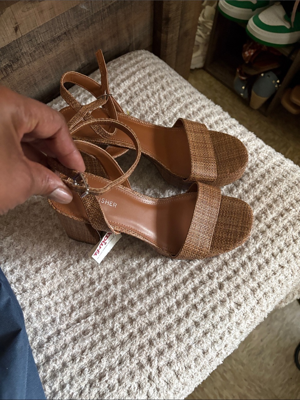 Woven Tan Block Heel Sandals with Ankle Strap